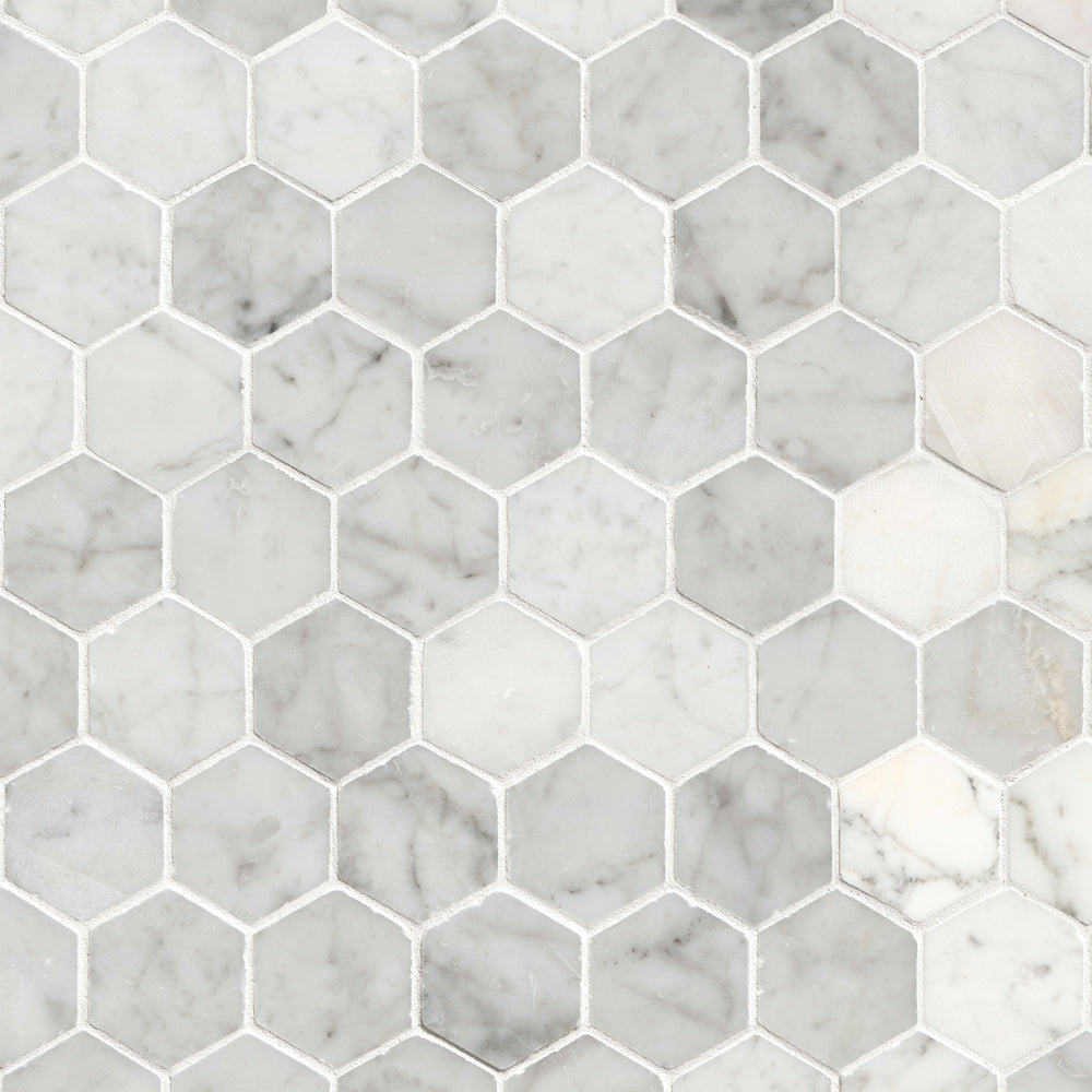MSI Carrara White Polished 2" Hexagon Mosaic Tile — Natural Stone Mosaic in white tonality