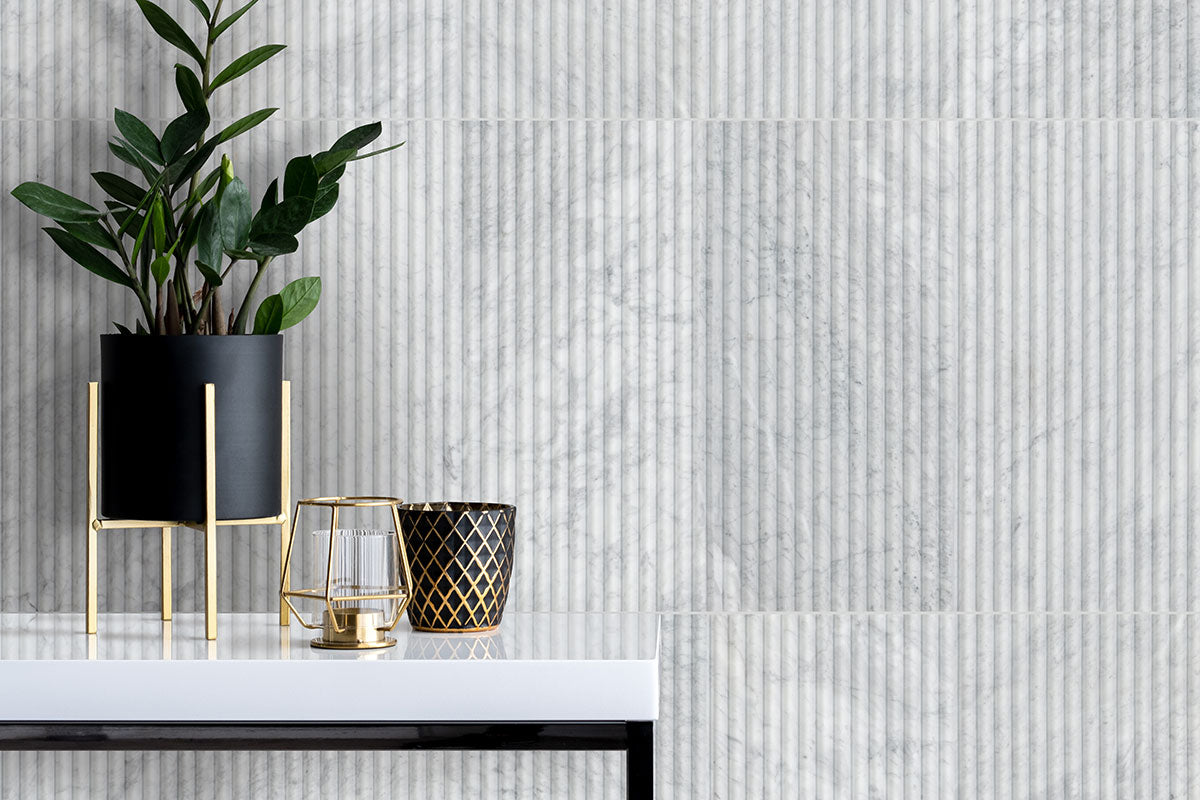 MSI Carrara White Milano Ribbon 12x24 Honed — surface detail in white tonality