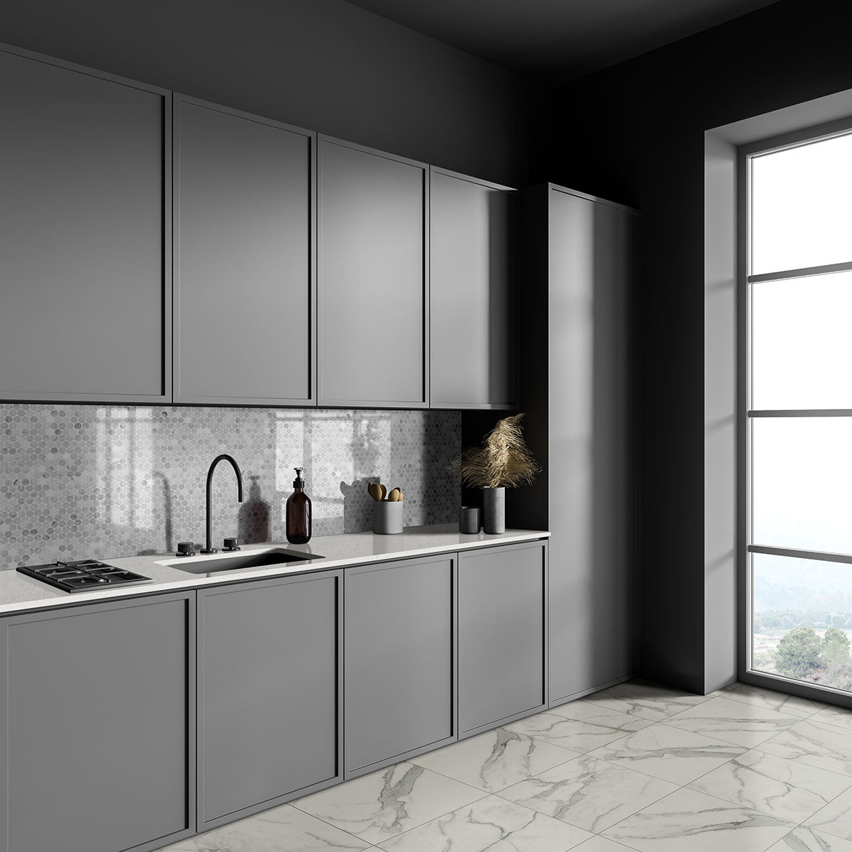 MSI Carrara White Round Pattern Honed — surface detail in white tonality