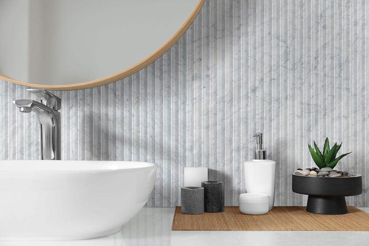 MSI Carrara White Valentino Fluted 12x24 Honed — surface detail in white tonality