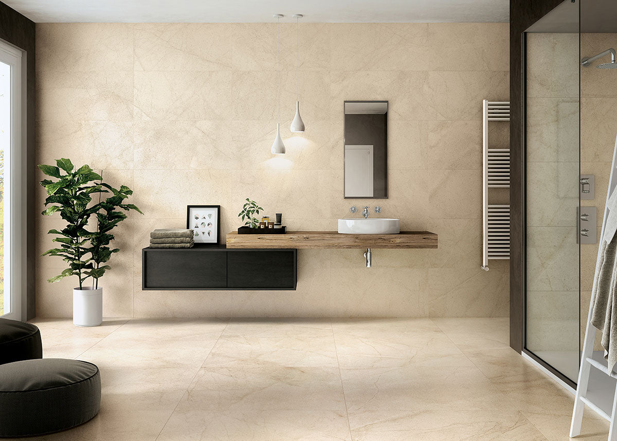 MSI Livingstyle Cream — surface detail in cream tonality through-bodied porcelain for full-room install
