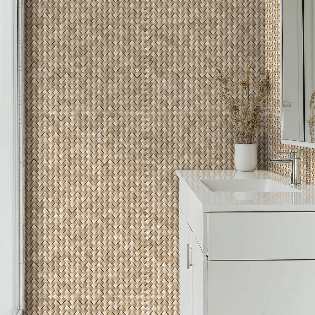 MSI Crema Marfil Arched Herringbone Tile — surface detail in natural tonality