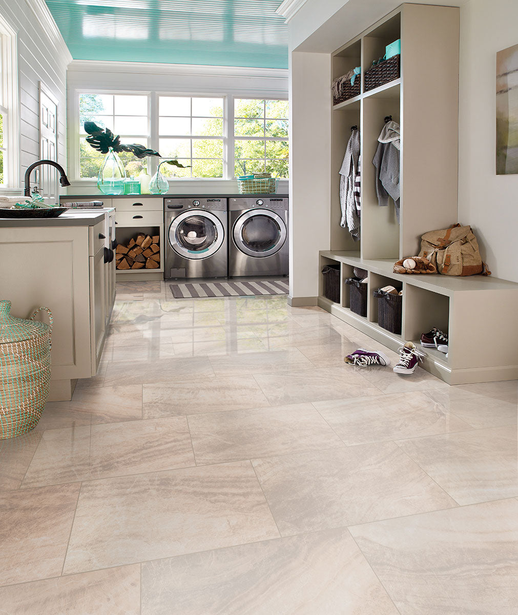 MSI Praia Crema — surface detail in natural tonality through-bodied porcelain for full-room install