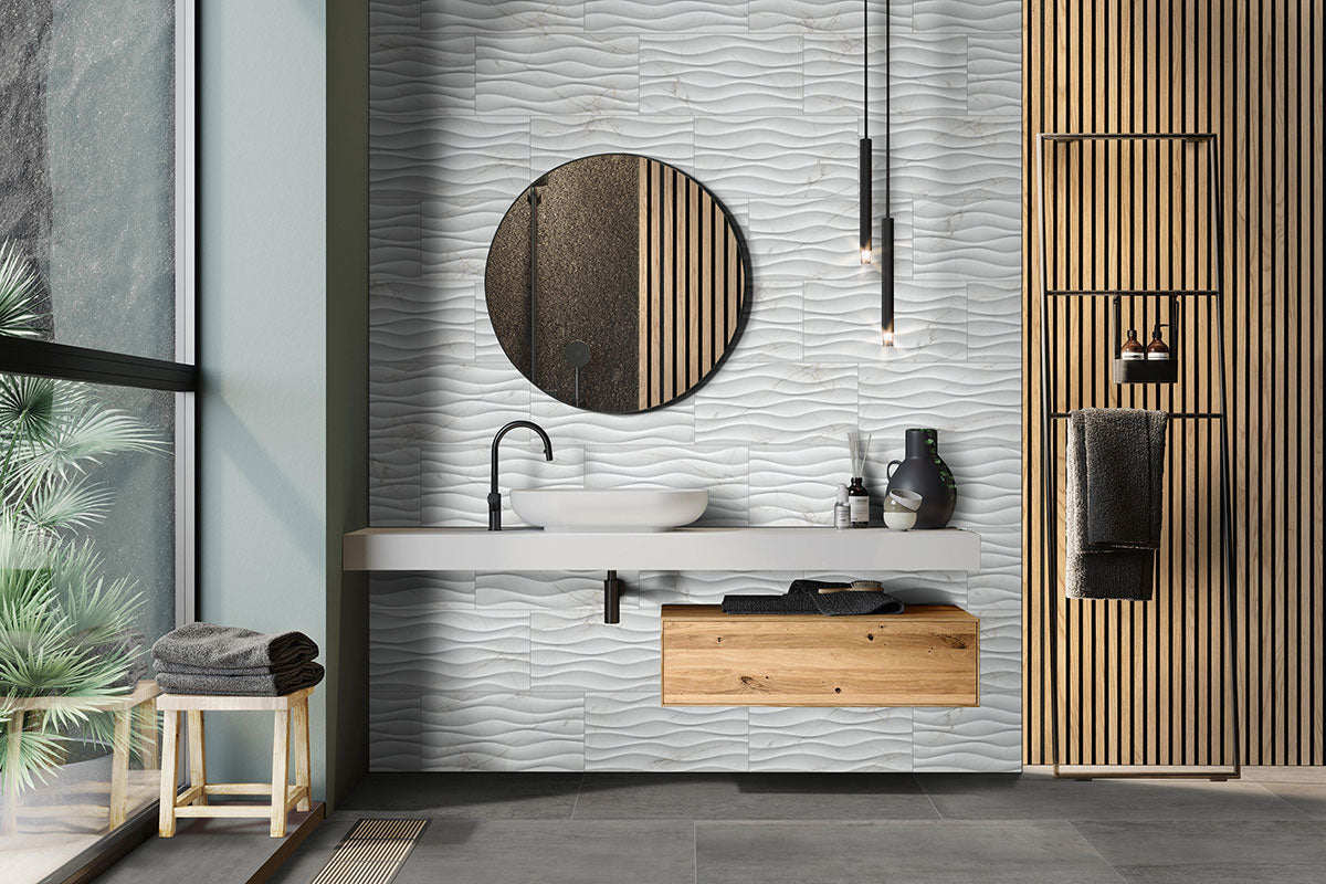 MSI Dymo Calacatta Wavy White 12x24 — surface detail in white tonality