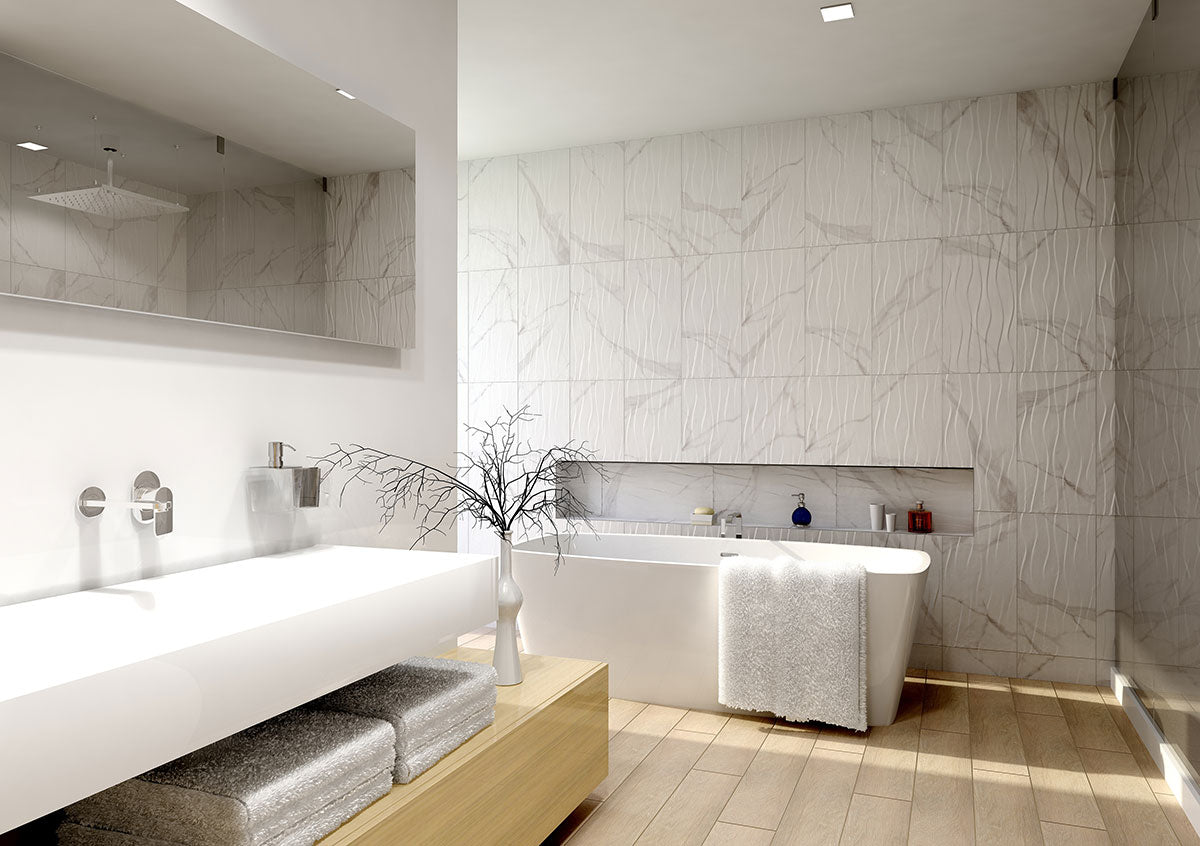MSI Dymo Statuary Wavy White Tile 12x24 — surface detail in white tonality