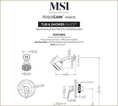 MSI 1-Handle 1-Spray Tub and Shower Faucet with Pressure Balance Valve — surface detail in gold tonality