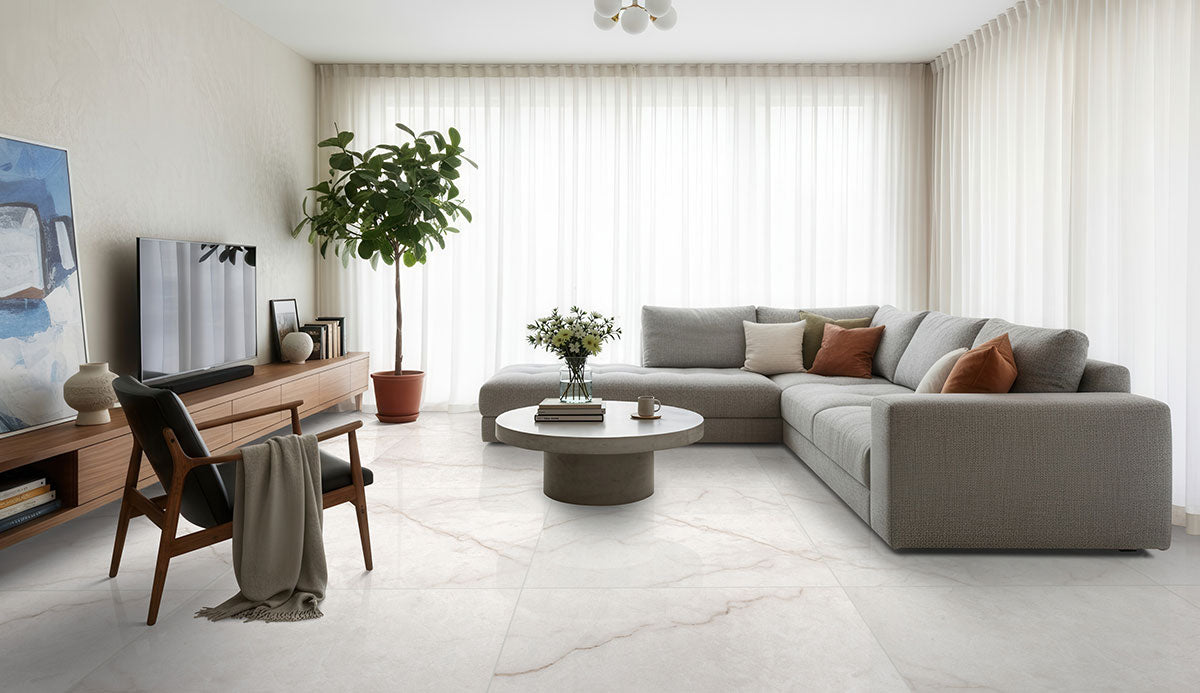 MSI Brighton Gold — surface detail in gold tonality through-bodied porcelain for full-room install