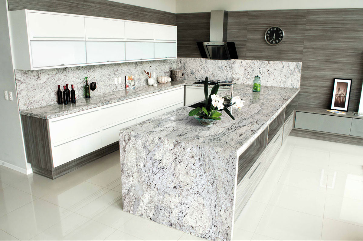 MSI White Ice — surface detail in white tonality quarried slab for kitchen and counter install