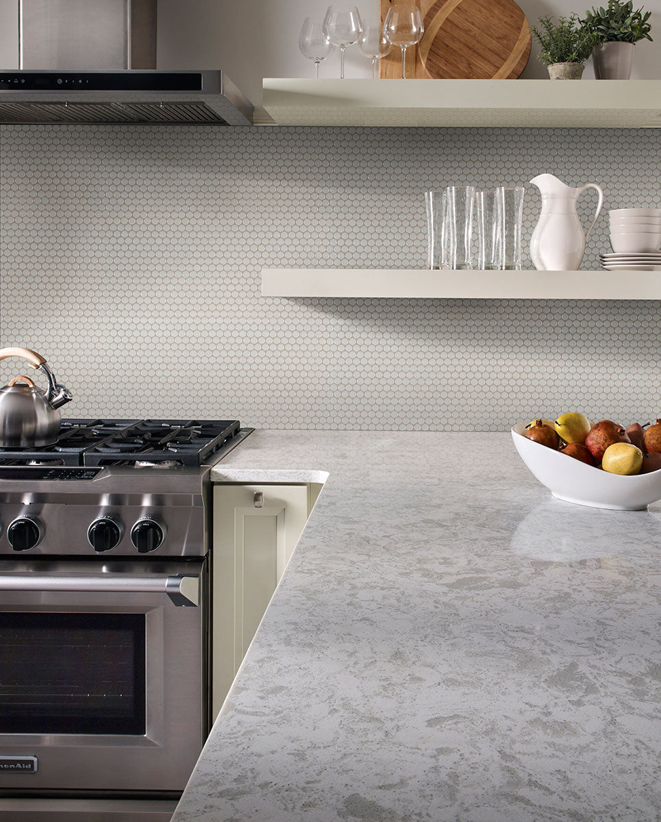 MSI Domino Gray Glossy Penny Round Mosaic — surface detail in gray tonality