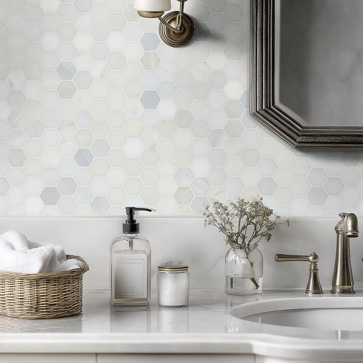 MSI Greecian White Polished Hexagon Tile — surface detail in white tonality
