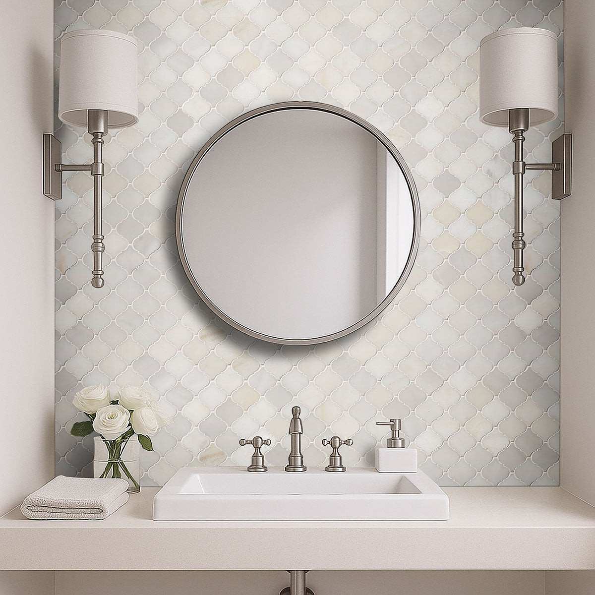 MSI Greecian White Arabesque Tile — surface detail in white tonality