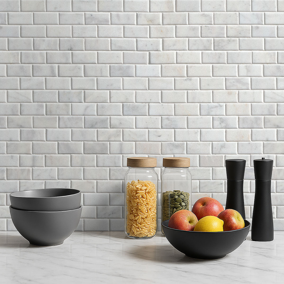 MSI Greecian White Beveled Subway Tile 2x4 — surface detail in white tonality