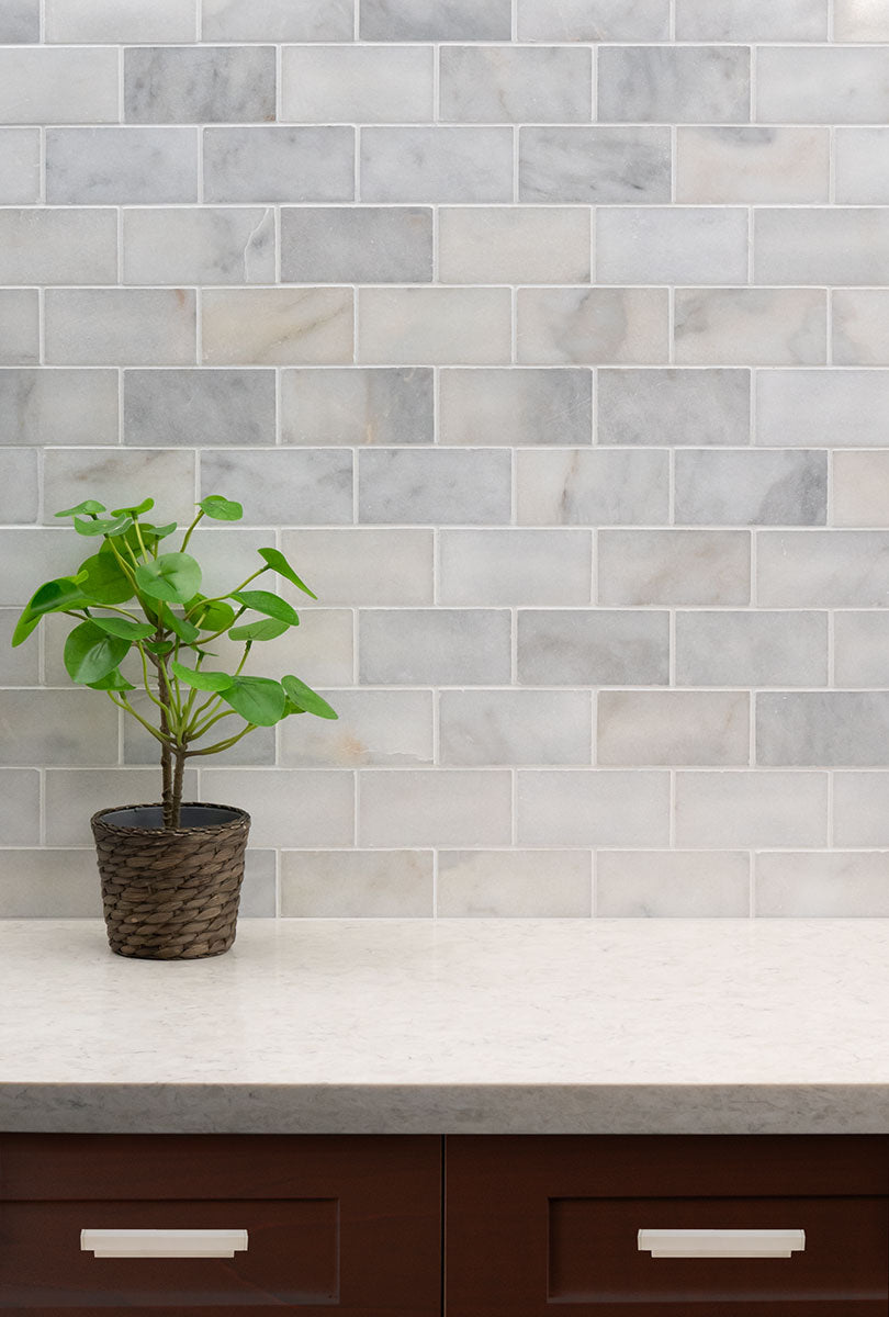MSI Greecian White Marble Subway Tile 3x6 — surface detail in white tonality