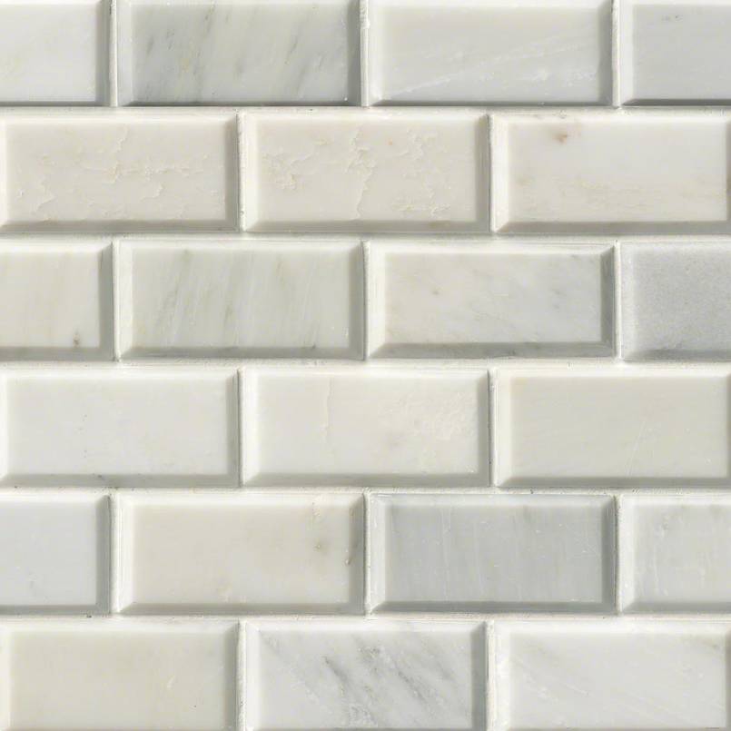 MSI Greecian White Beveled Subway Tile 2x4 — Marble Threshold in white tonality