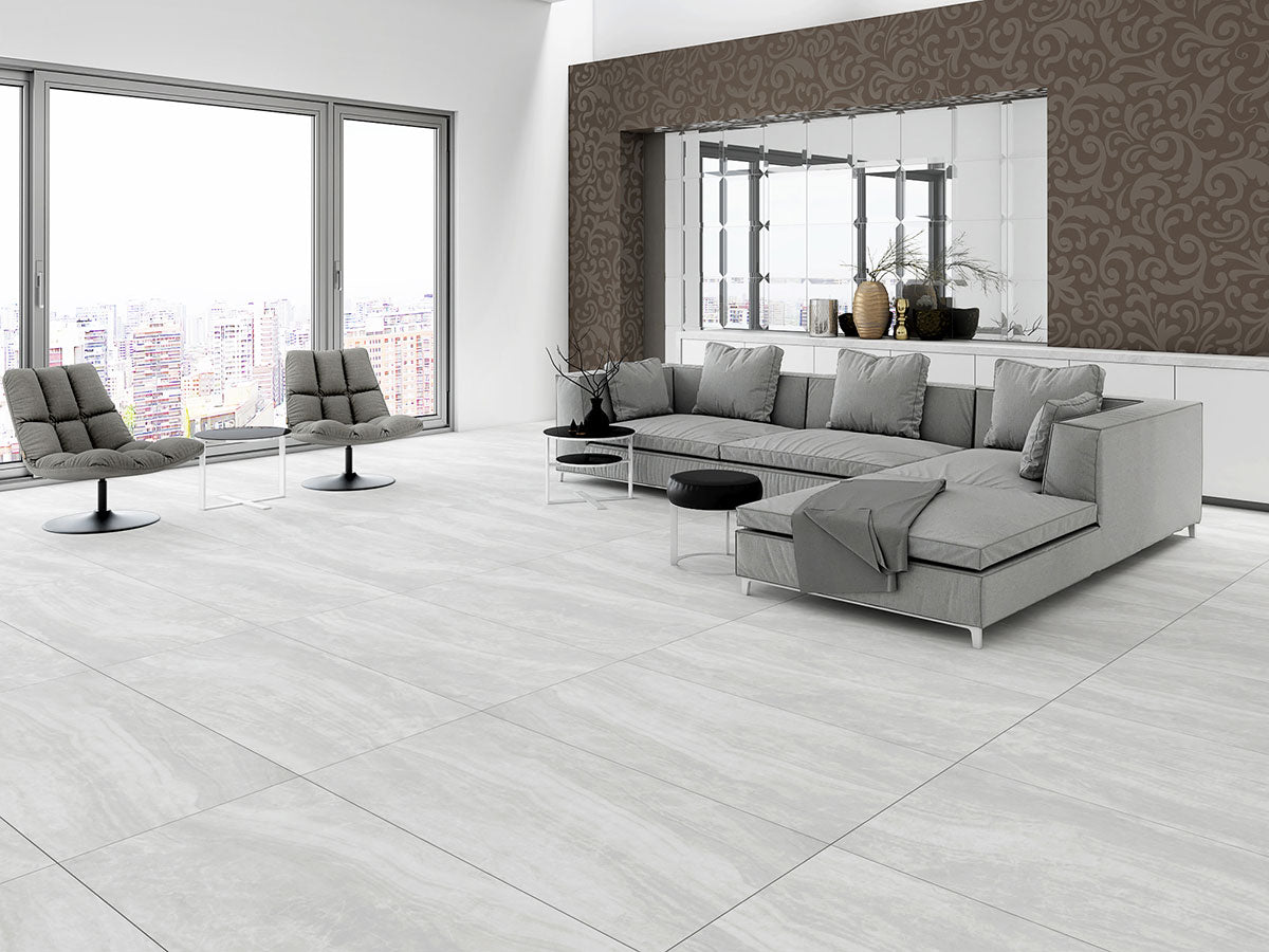 MSI Praia Grey — surface detail in grey tonality through-bodied porcelain for full-room install