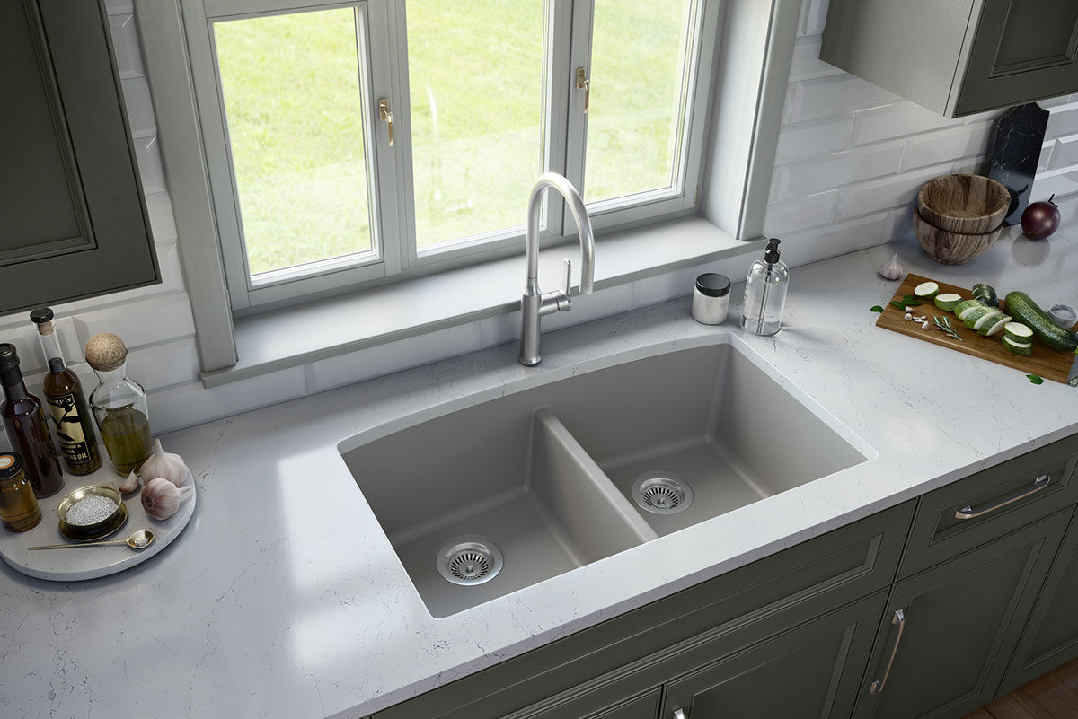 MSI Grey Quartz Double Bowl 50/50-3219 Sinks — surface detail in grey tonality