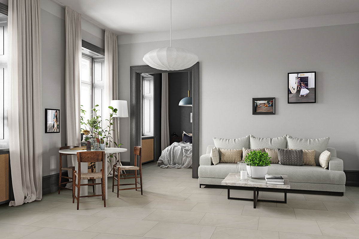 MSI Sande Ivory — surface detail in ivory tonality through-bodied porcelain for full-room install