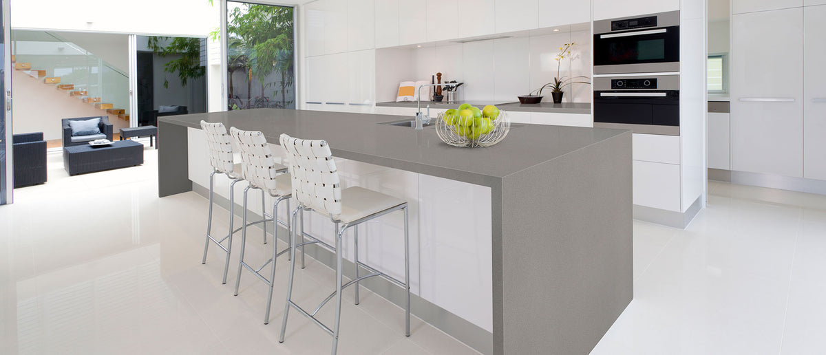 MSI Macabo Gray - Quartz Slab shown installed in a finished room