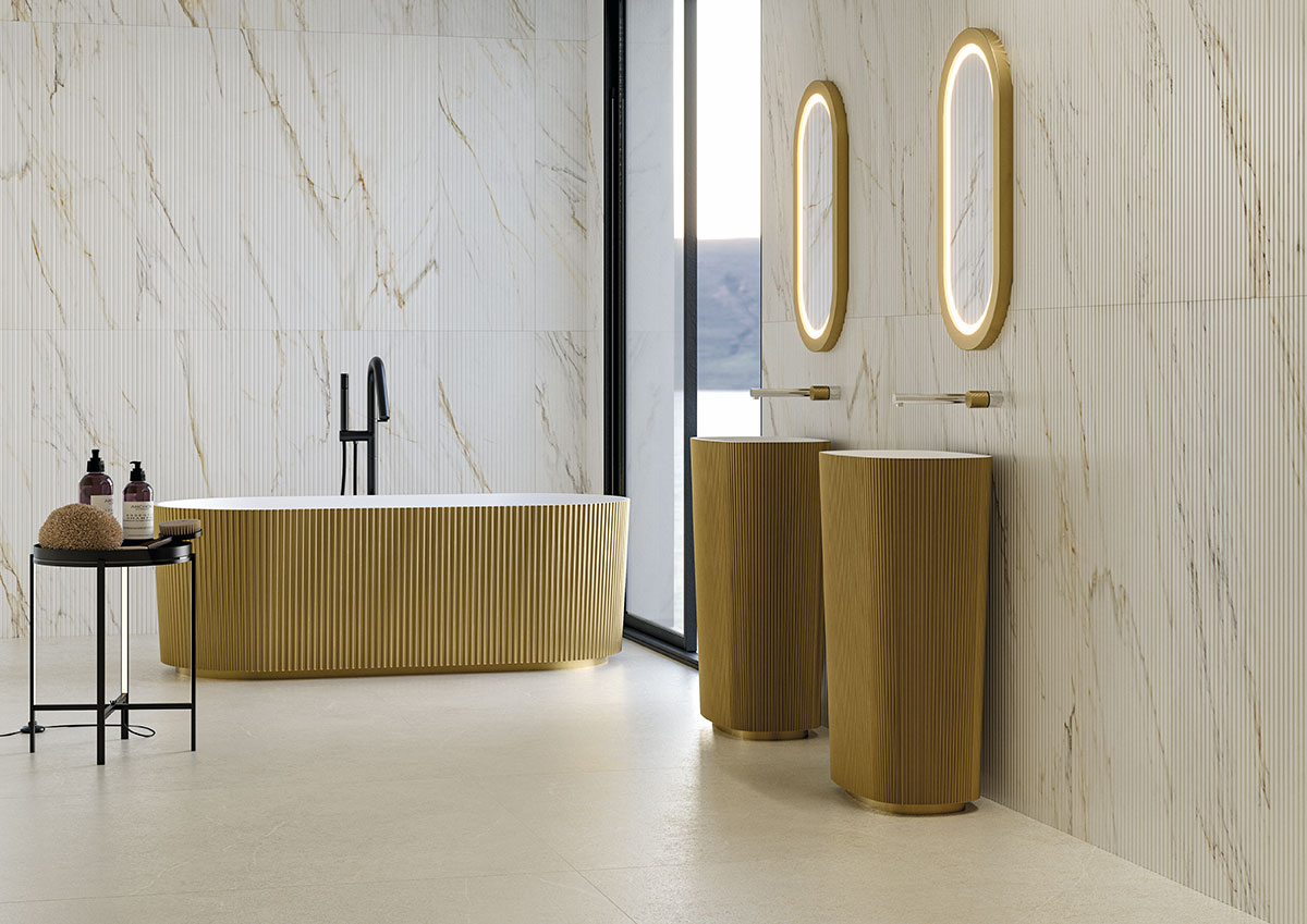 MSI Urbanslat Marmi Gold 16 x 48 Satin — surface detail in gold tonality
