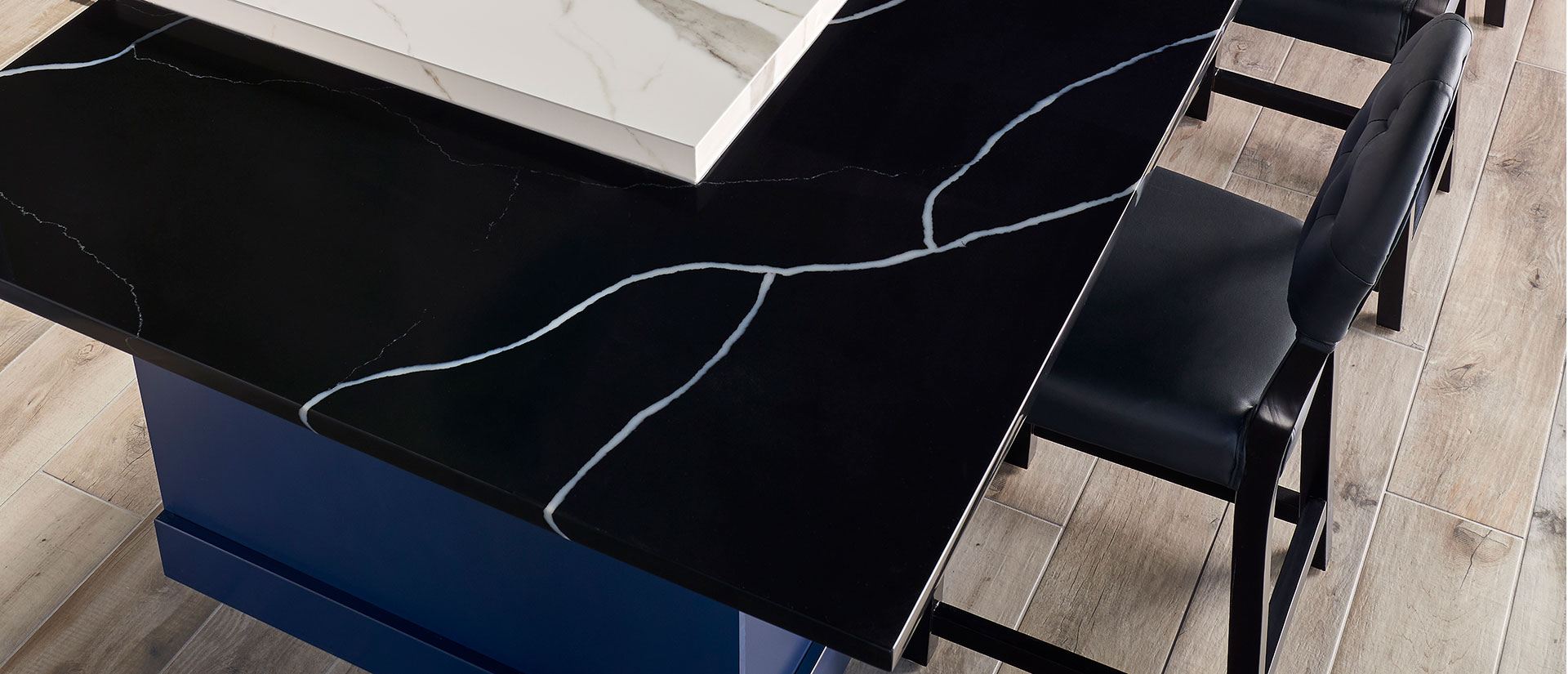 MSI Marquina Midnight — surface detail in natural tonality engineered slab for kitchen and feature install