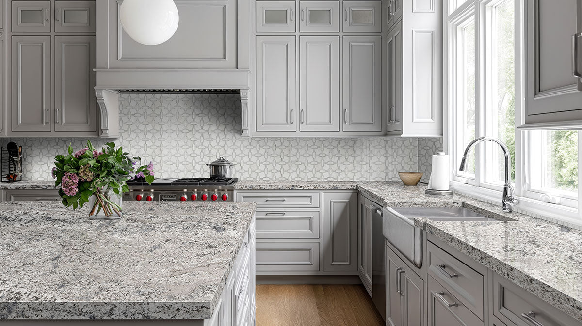 MSI Mirage White granite countertop room scene, in a kitchen