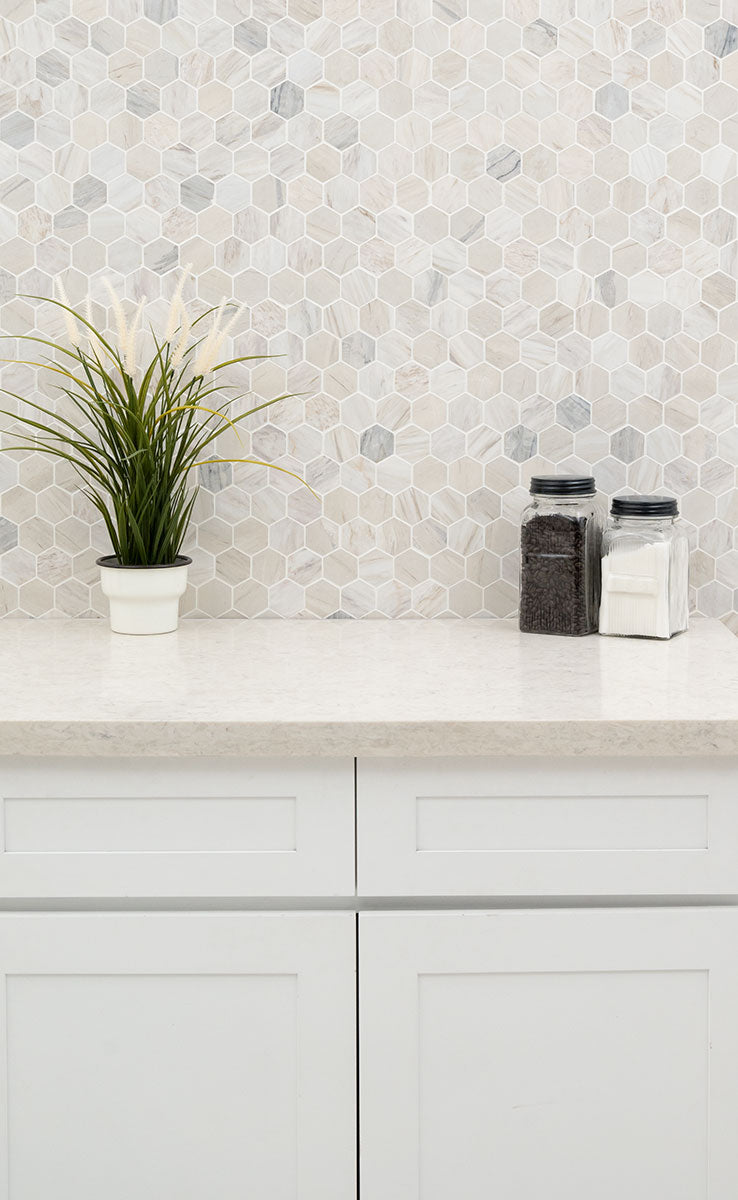 MSI Angora Polished 2" Hexagon Mosaic Tile — surface detail in natural tonality