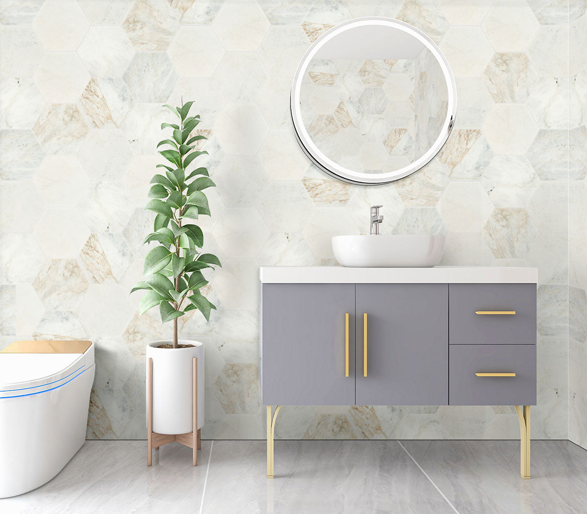 MSI Arabescato Venato 8" Hexagon Honed — surface detail in natural tonality