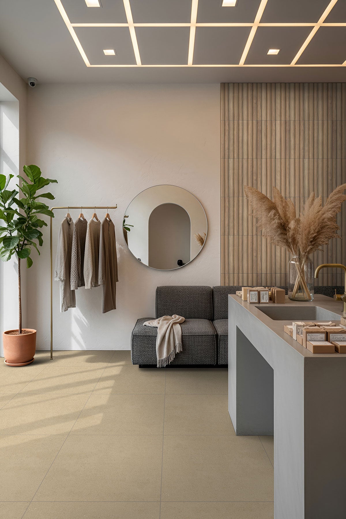 MSI Architecta Beige — surface detail in beige tonality through-bodied porcelain for full-room install