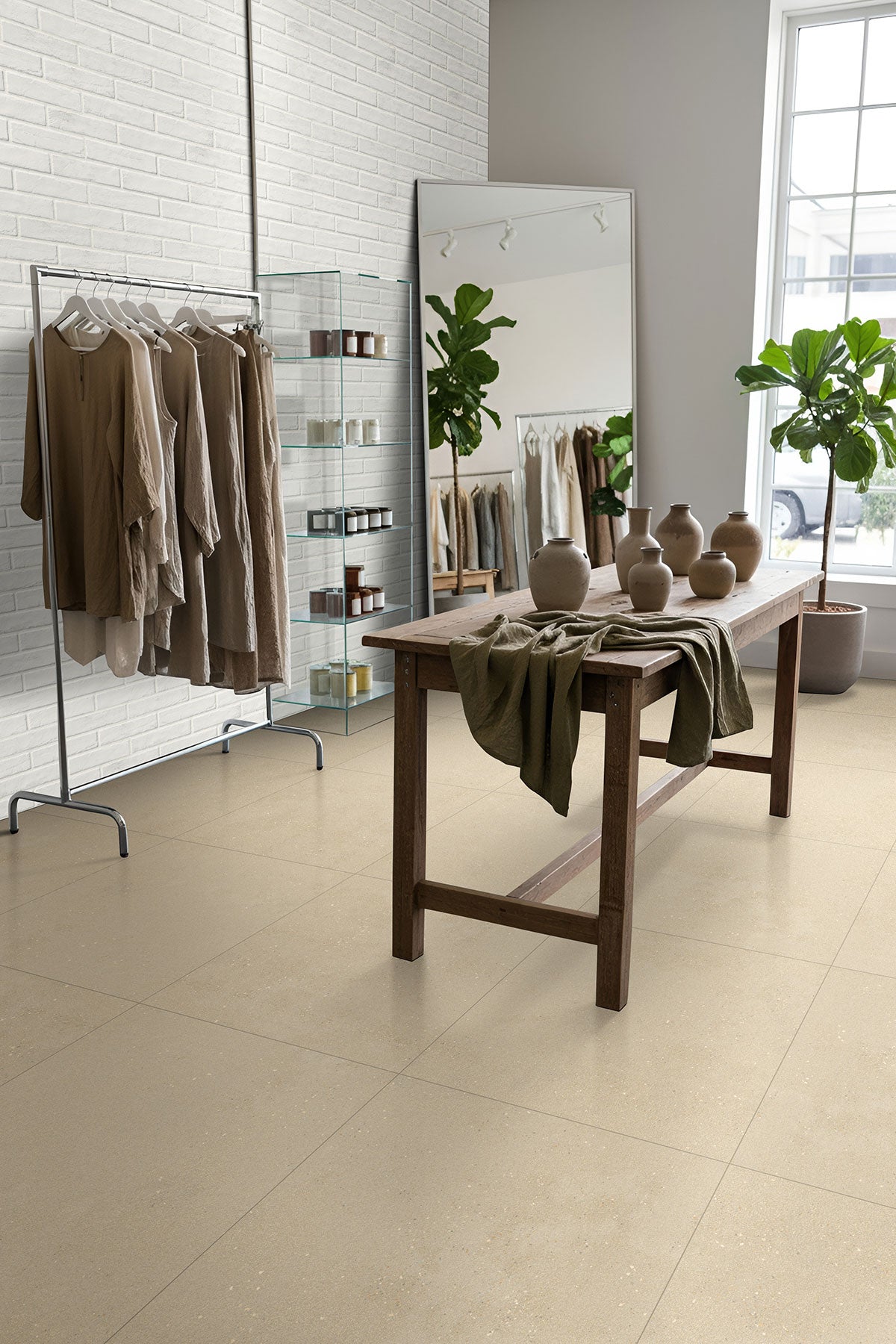 MSI Architecta Greige — surface detail in natural tonality through-bodied porcelain for full-room install