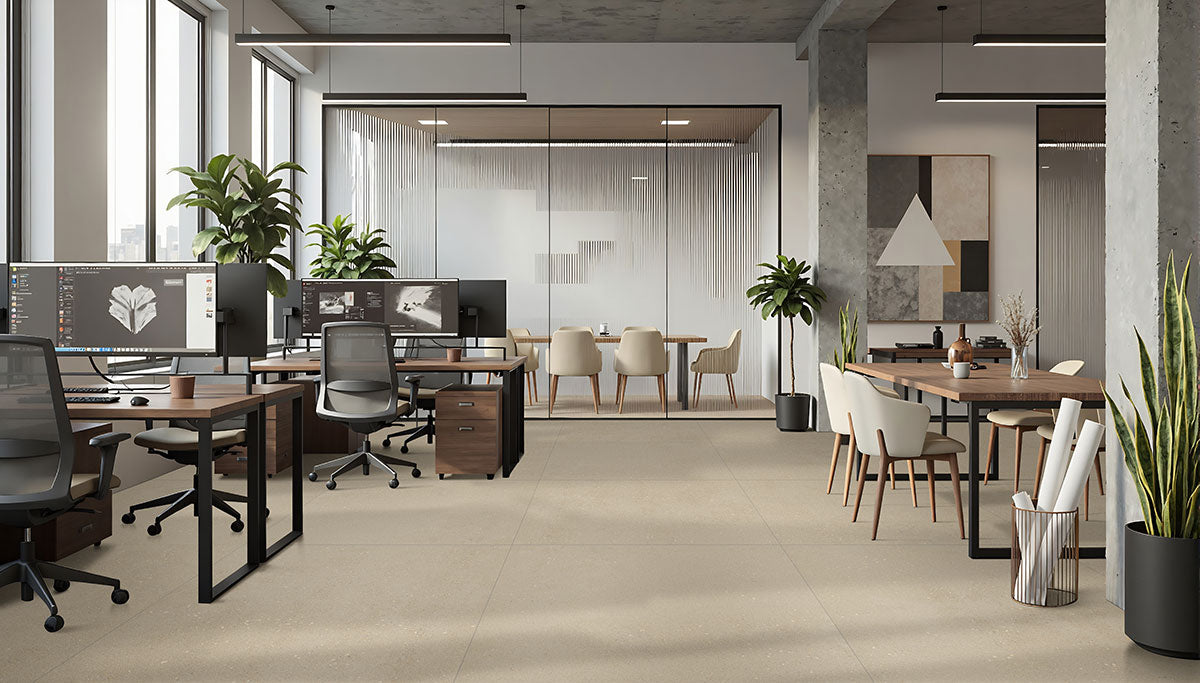MSI Architecta Greige — surface detail in natural tonality through-bodied porcelain for full-room install