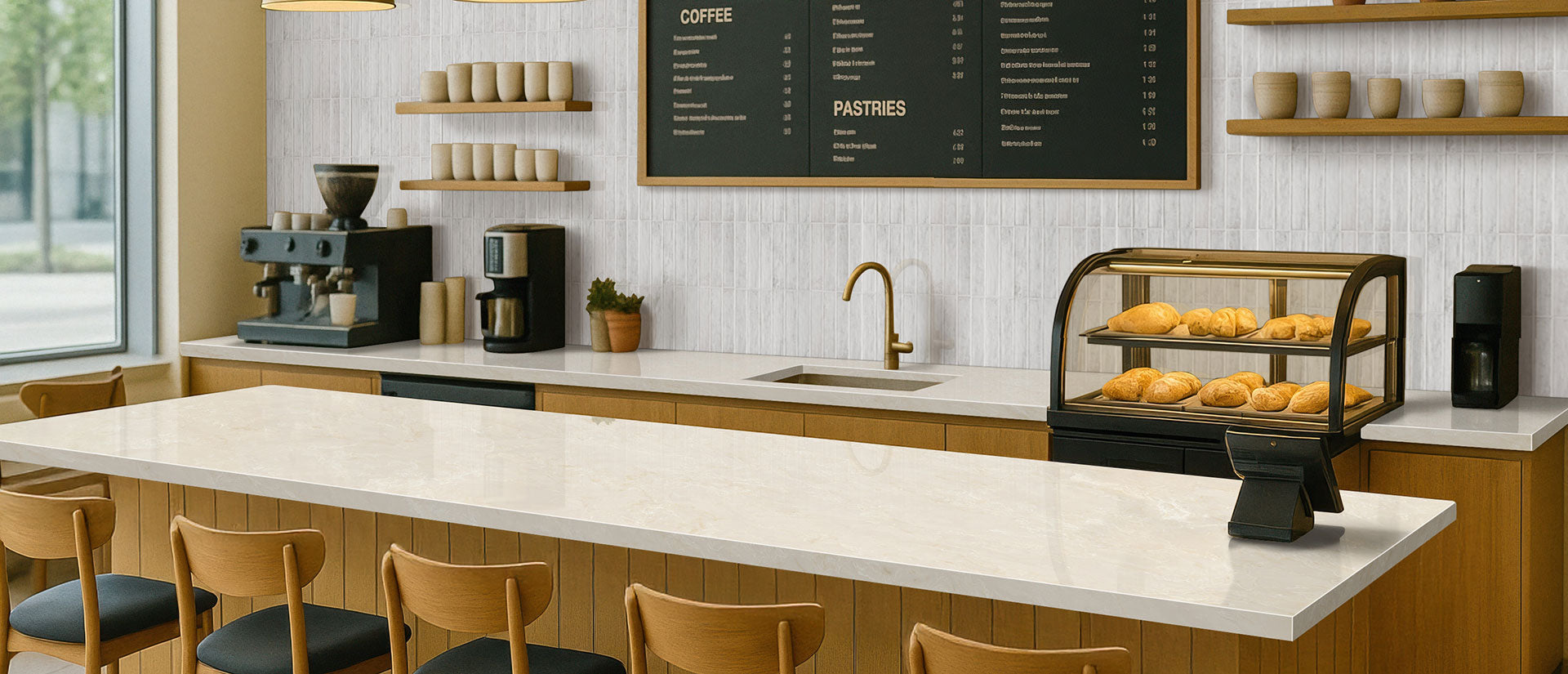 MSI AuraTaj — surface detail in natural tonality engineered slab for kitchen and feature install