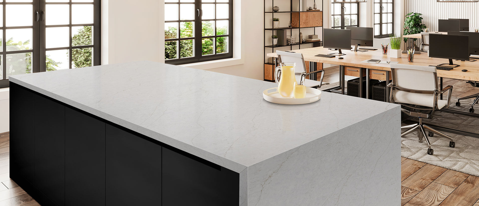 MSI Calacatta Karmelo, surface detail in natural tonality engineered slab for kitchen and feature install, fourth view