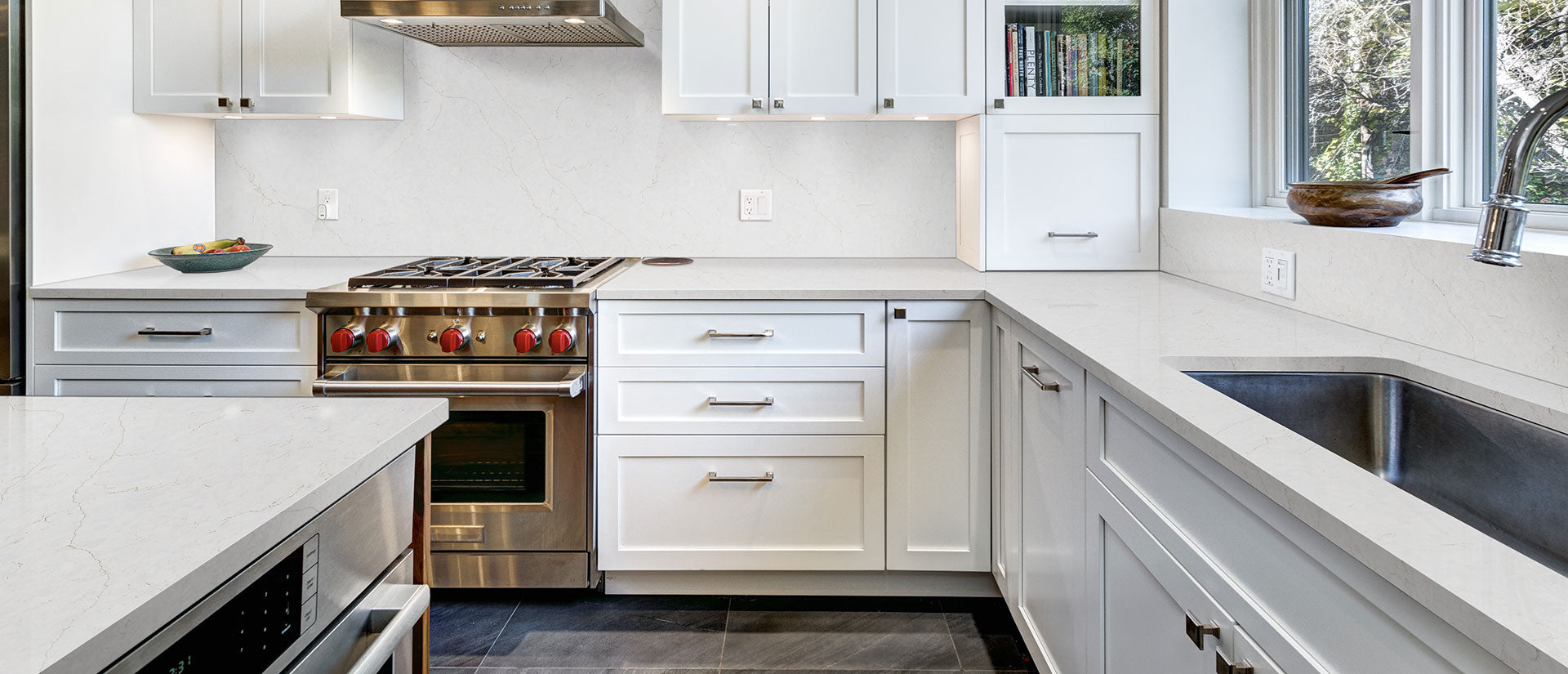 MSI Calacatta Karmelo, surface detail in natural tonality engineered slab for kitchen and feature install, fifth view