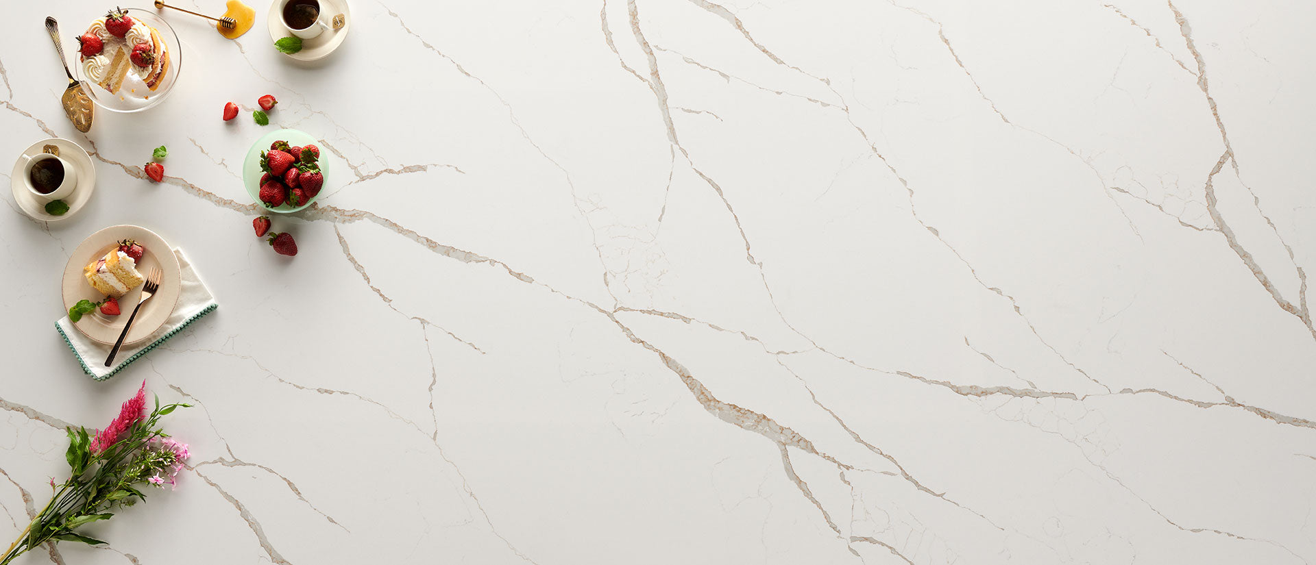 MSI Calacatta Laza Oro, surface detail in natural tonality engineered slab for kitchen and feature install