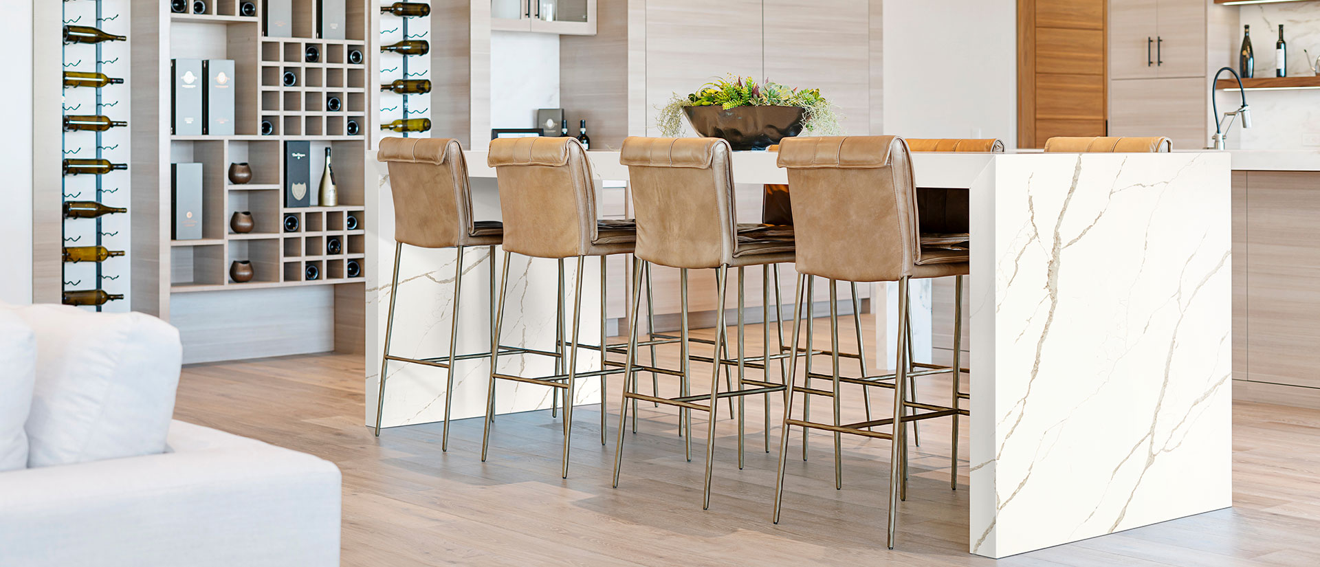 MSI Calacatta Laza Oro, surface detail in natural tonality engineered slab for kitchen and feature install, fifth view