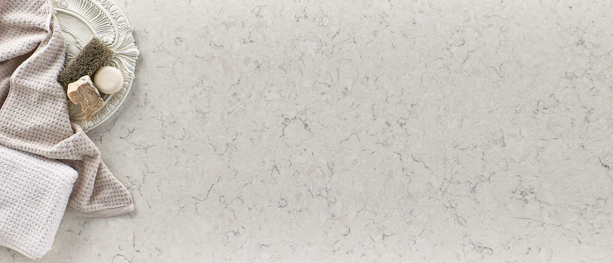 MSI Carrara Mist, surface detail in natural tonality engineered slab for kitchen and feature install