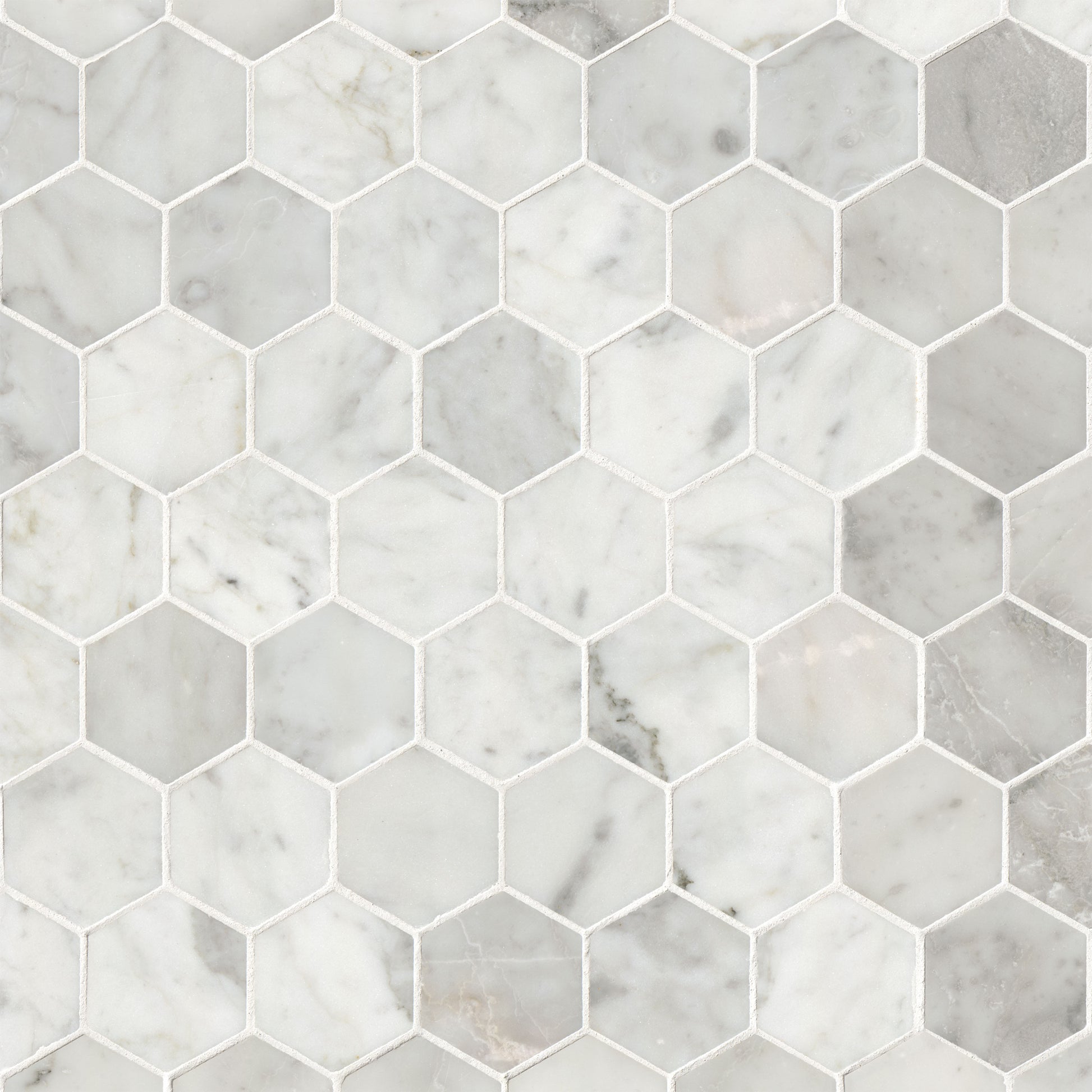 MSI Carrara White Honed 2" Hexagon Mosaic Tile — Natural Stone Mosaic in white tonality