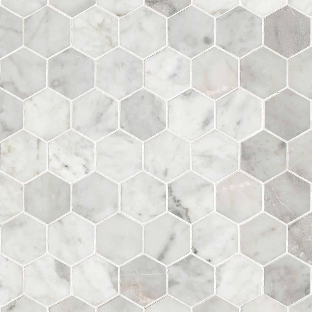 MSI Carrara White Honed 2" Hexagon Mosaic Tile — Natural Stone Mosaic in white tonality