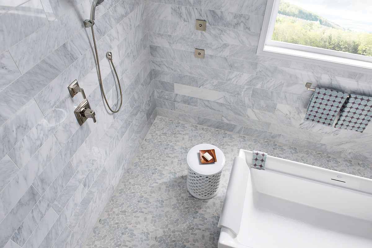 MSI Carrara White Sliced Pebbles Mosaic — surface detail in white tonality