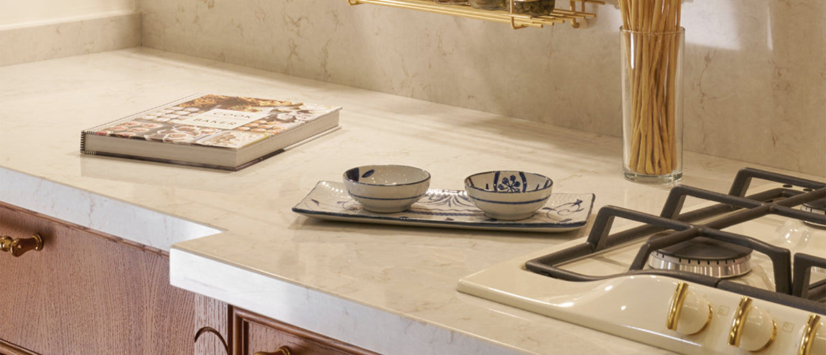 MSI Cashmere Taj, surface detail in natural tonality engineered slab for kitchen and feature install, fourth view