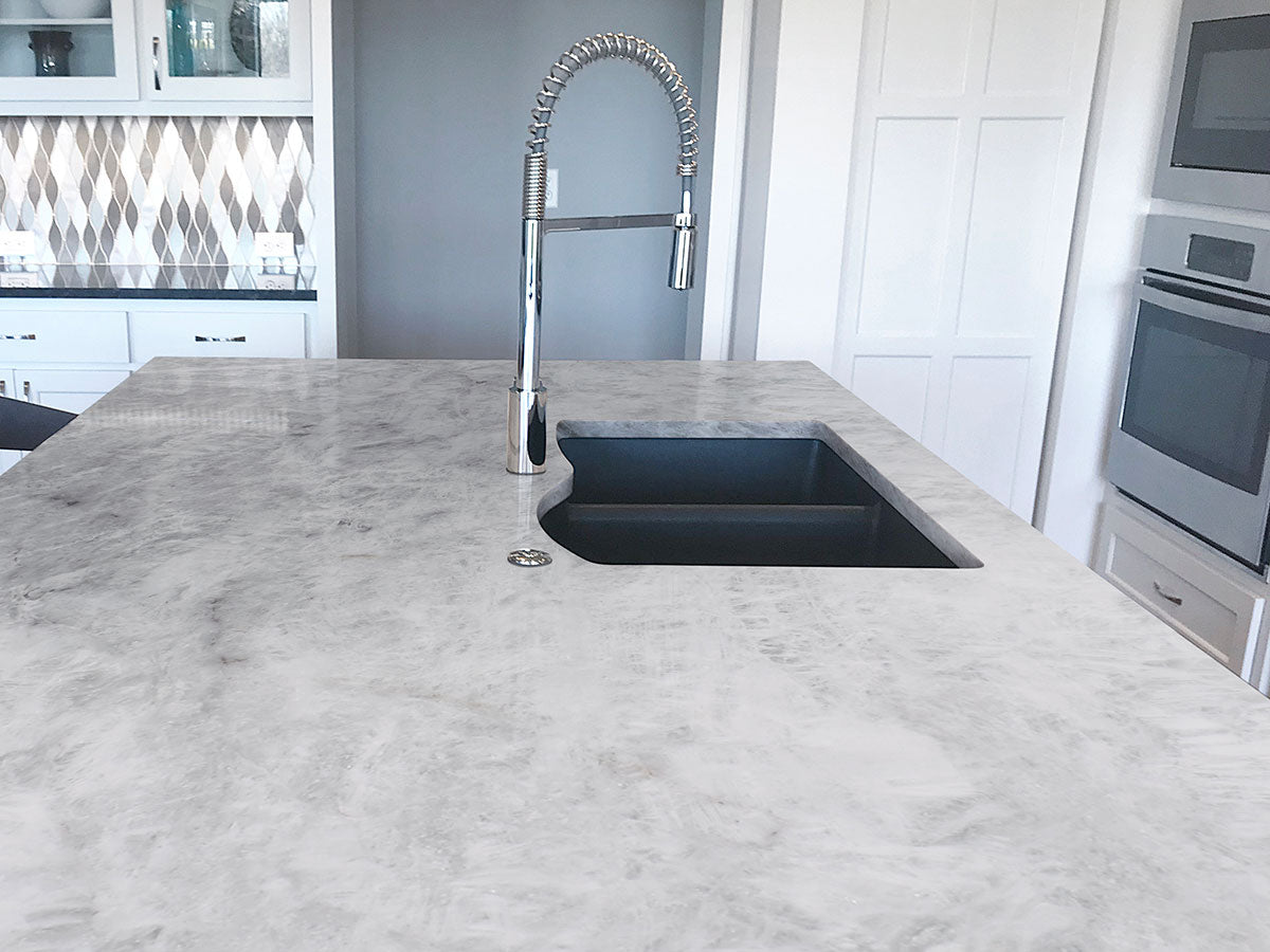 MSI Cristallo — surface detail in natural tonality metamorphic crystalline slab for kitchen install
