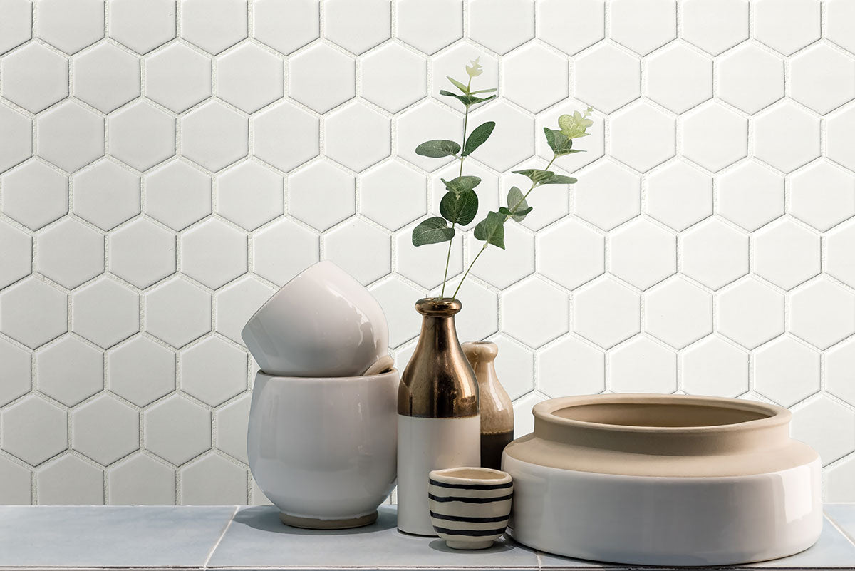 MSI Domino White Matte 2" Hexagon Mosaic Tile — surface detail in white tonality