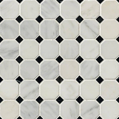 MSI Greecian White 2" Octagon with Black 5/8x5/8 Polished in 12x12 Mesh