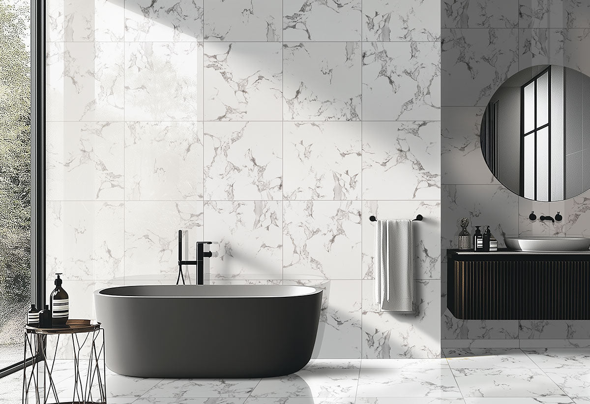 MSI Pietra Statuario — surface detail in natural tonality through-bodied porcelain for full-room install