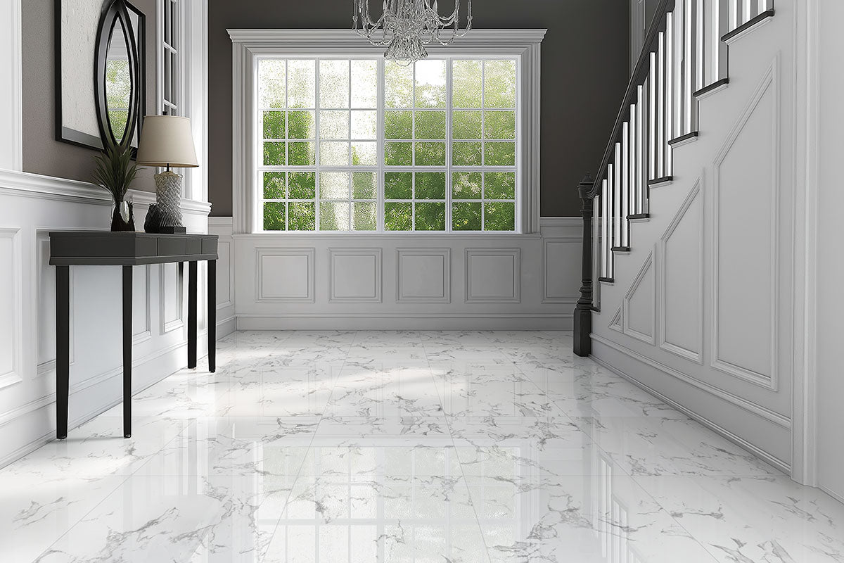 MSI Pietra Statuario — surface detail in natural tonality through-bodied porcelain for full-room install