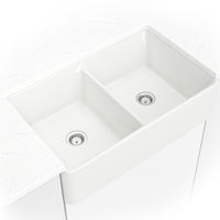 MSI Fireclay Farmhouse White Double Bowl 5050-3220 Sinks — surface detail in white tonality