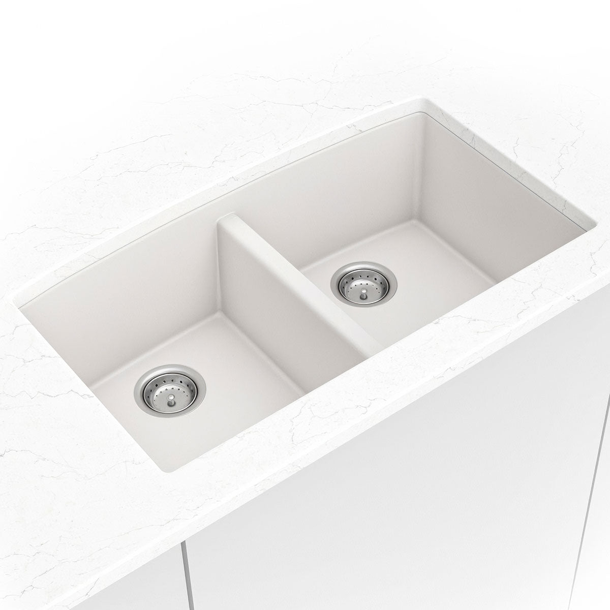 MSI White Quartz Double Bowl 50/50-3219 Sinks — surface detail in white tonality