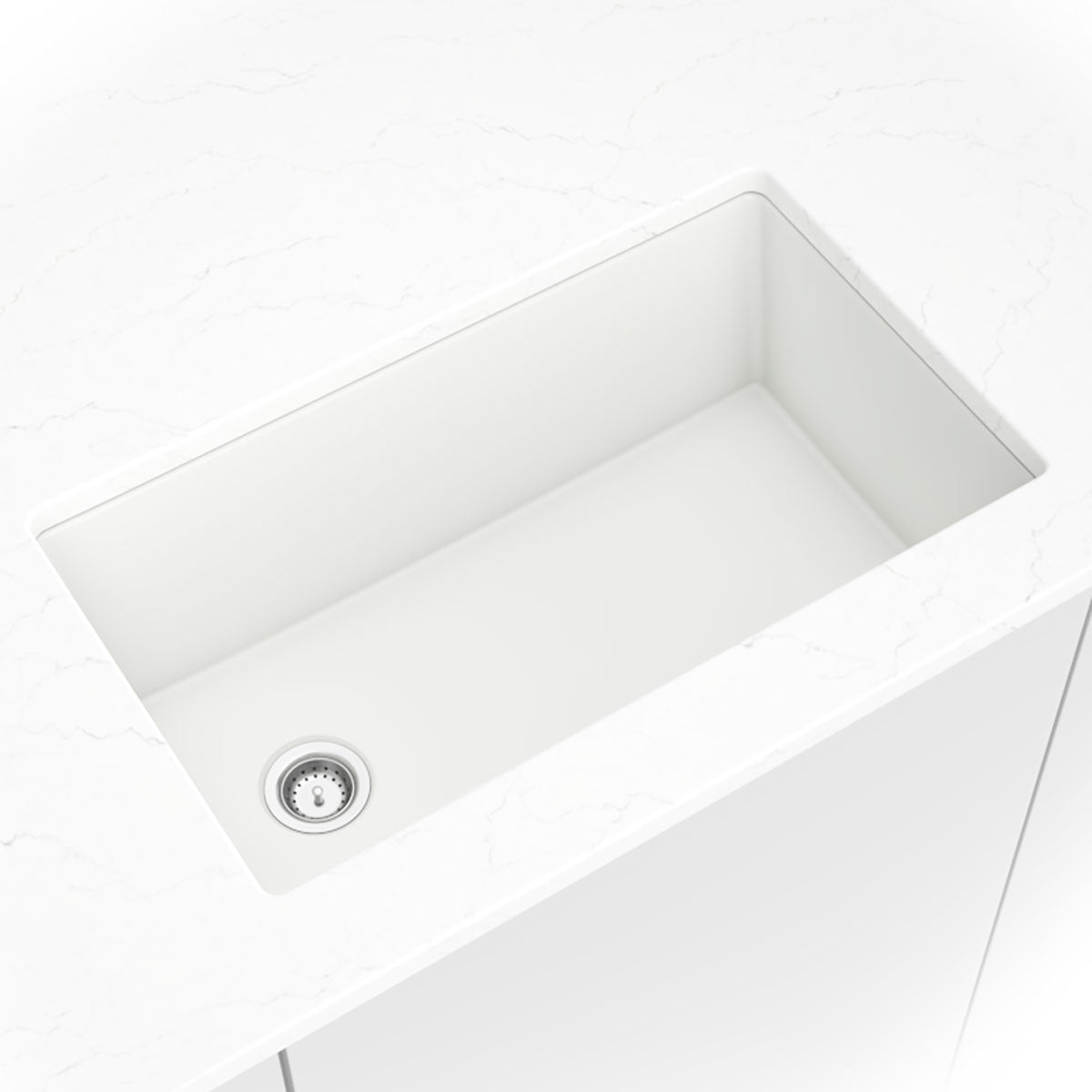 MSI White Quartz Single Bowl 3119 Sinks — surface detail in white tonality