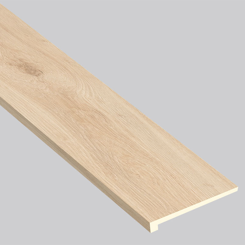 Edge profile of MSI Smithcliffs Sunnyvale Stair Tread Eased Edge, showing the face finish and the body thickness
