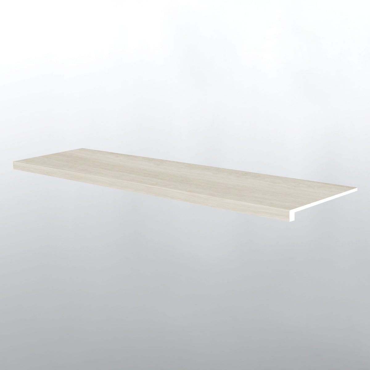 Edge profile of MSI XL Trecento White Ocean Stair Tread Eased Edge, showing the face finish and the body thickness